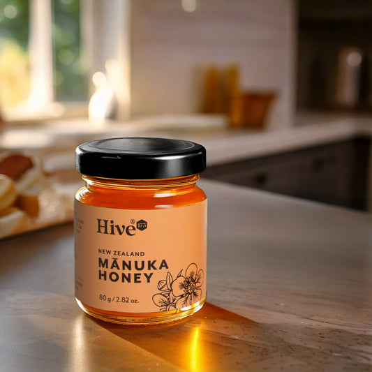 Jar of Hive 175 New Zealand Manuka Honey on a kitchen counter
