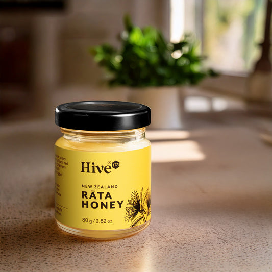 Jar of Hive 175 New Zealand Rata Honey on a countertop 